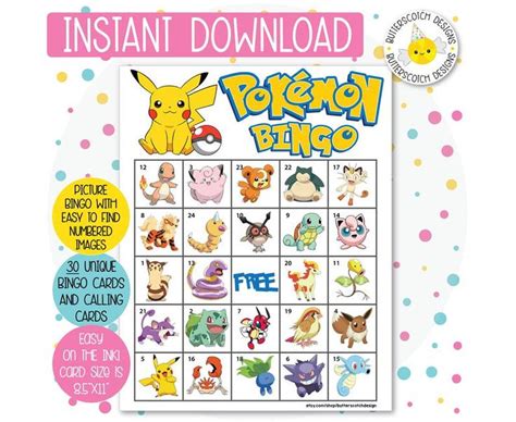 Pokemon Printable Bingo Cards 30 Different Cards Instant Etsy