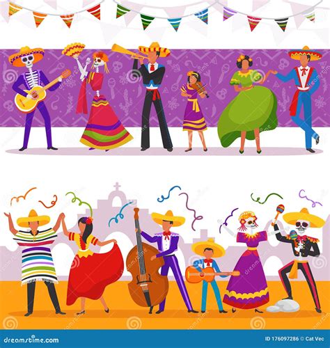 Mexican Party People Vector Illustrations Characters Play Music And
