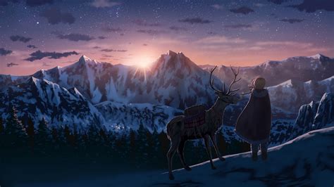 Wallpaper Mountains Deer Sunset Night Anime Girls Snow Winter