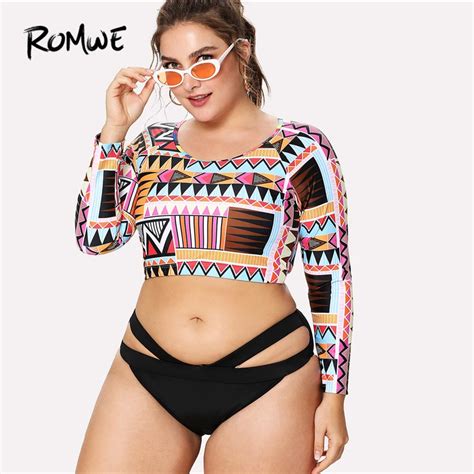 Aliexpress Com Buy Romwe Sport Cutout Crop Geometric Rash Guard Bikini Set Plus Size New