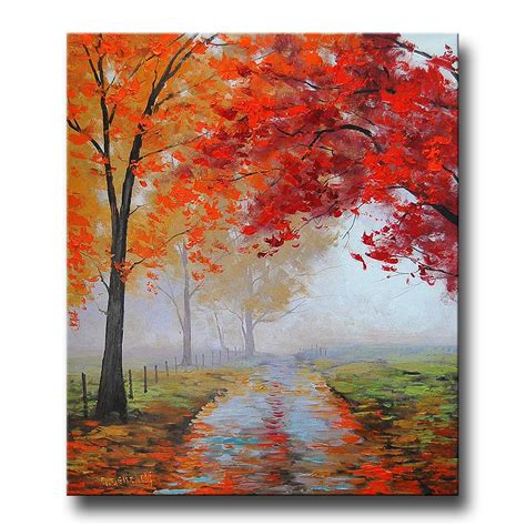 Realistic Oil Painting Fall Trees Impressionism Misty Road Art Deco By