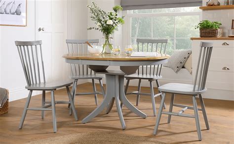 Hudson Round Painted Grey And Oak Extending Dining Table With Pendle Grey Chairs Furniture