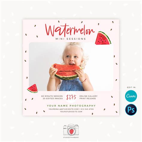 Watermelon Mini Session Template For Canva And Photoshop Strawberry Kit