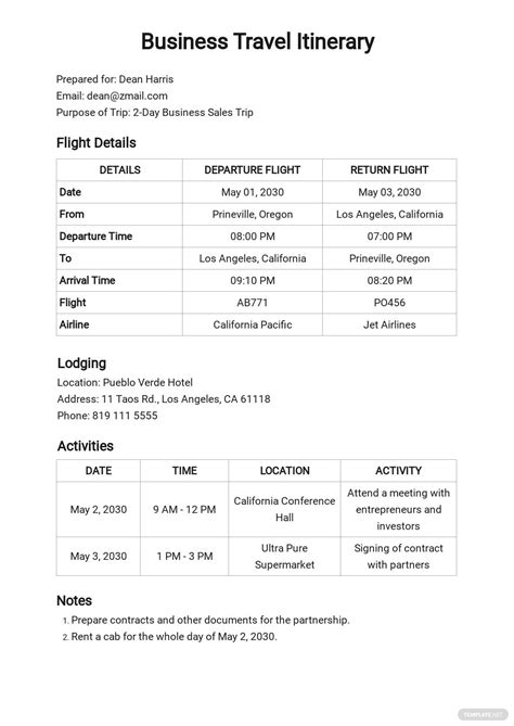 Business Travel Itinerary Template [Free PDF] - Google Docs, Word, Apple Pages, PDF