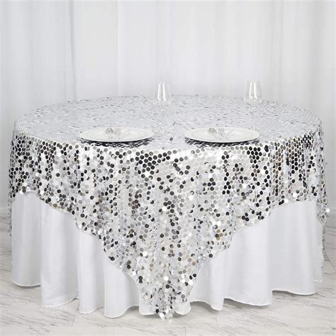 In Silver Big Payette Sequin Square Table Overlay Balsa Circle LLC Wedding Table