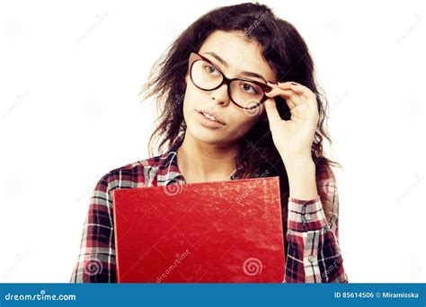 Nerd Girl In Glasses And With Brackets On Teeth Positive Excel Stock