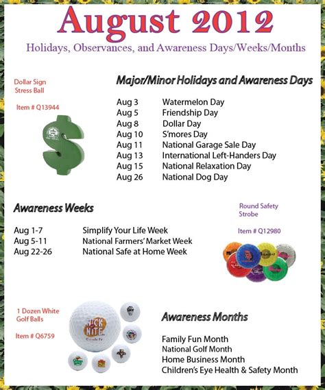 August 2012 Holidays Observances And Awareness Dates