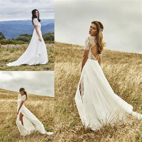 Stunning Beach Bohemian Wedding Dress 2016 Short Sleeve Lace Vestidos