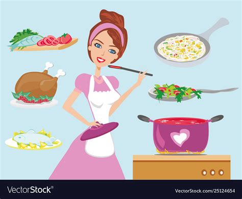Housewife Cooking Dinner Royalty Free Vector Image