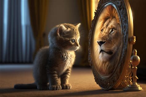 Котенок смотрит в круглое зеркало на столе самец льва внутри зеркала Премиум Фото