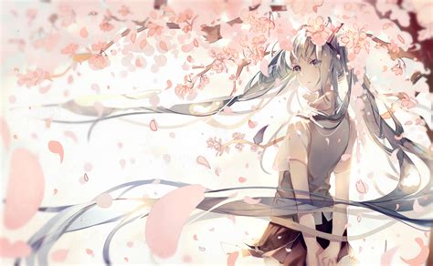 Aqua Eyes Aqua Hair Cherry Blossoms Flowers Hatsune Miku