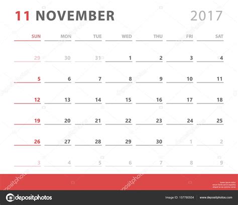 Calendar Planner 2017 November Week Starts Sunday Vector Design