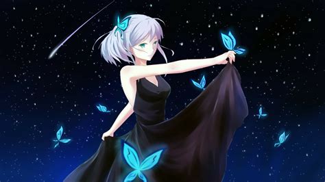Anime Girls Anime White Hair Blue Eyes Black Dress Butterflies Night Shooting Stars Long