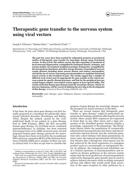 Pdf Therapeutic Gene Transfer To The Nervous System Using Viral Vectors