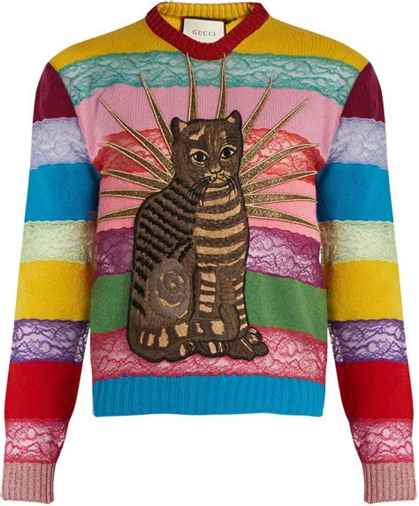 gucci cat appliqué panelled lace and wool sweater gucci woolen tops woolen sweaters cat