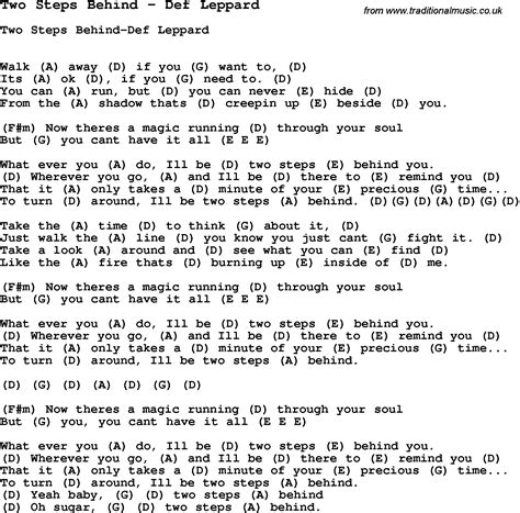 Song Two Steps Behind By Def Leppard Song Lyric For Vocal Performance Plus Accompaniment Chords