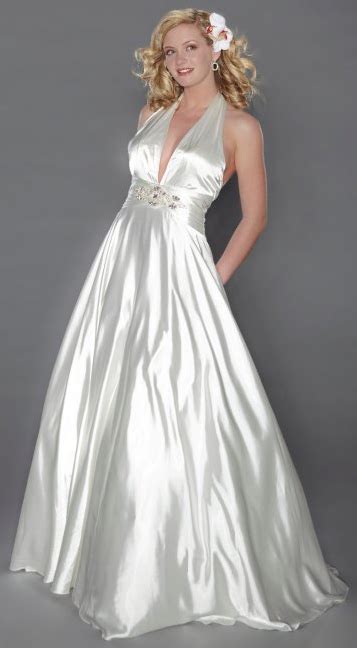 Front Side Of Nika Formals 3406 White V Neck Halter Satin A Line Gown 1 Silver Wedding Dress