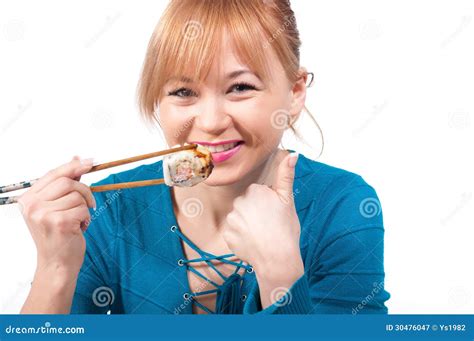 Beautiful Young Woman Eating Sushi With Chopsticks Stock Image Image Of Rolls Products 30476047