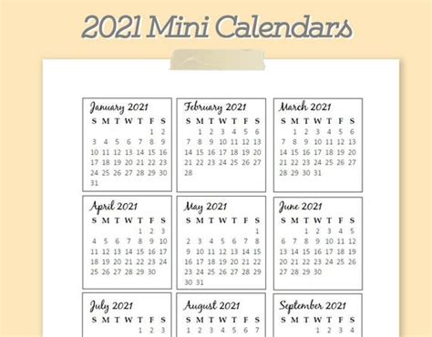 Year 2021 printable yearly and monthly calendars with holidays and observances. 2021 Mini Yearly Calendar Printable Template PDF | Etsy