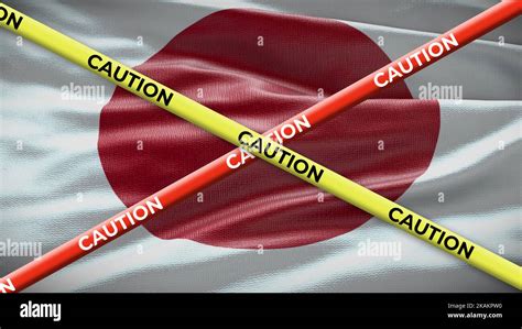Japan Country National Flag With Caution Yellow Tape Issue In Country
