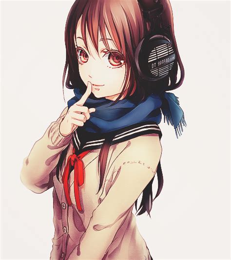 Brown Hair Brown Eyes Headphones Long Hair School Uniform Anime Girl