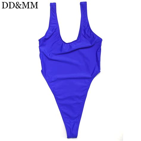 Ddandmm Sexy High Cut One Piece Swimsuit Women Swimwear Blue Solid Beach