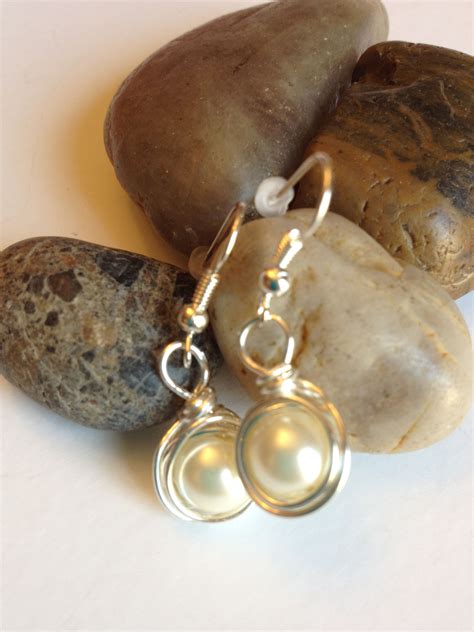 Wire Wrapped Earrings Glass Pearl Bead Wrapped In Silver Artistic Wire