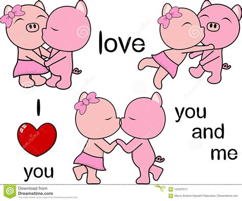 Lovely Cute Pig Kissing Cartoon Love Valentine Set Stock Vector