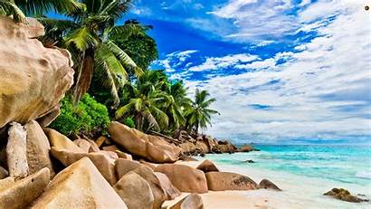 Seychelles Boulders Sea Vegetation Clouds Rocks Palms
