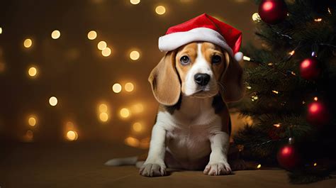 A Beagle Puppy Is Wearing A Santa Hat Against A Background Of Twinkling