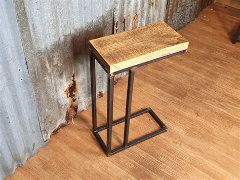 Rustic Industrial Sofa Side Table Wooden C Shaped Lap Table Bespoke