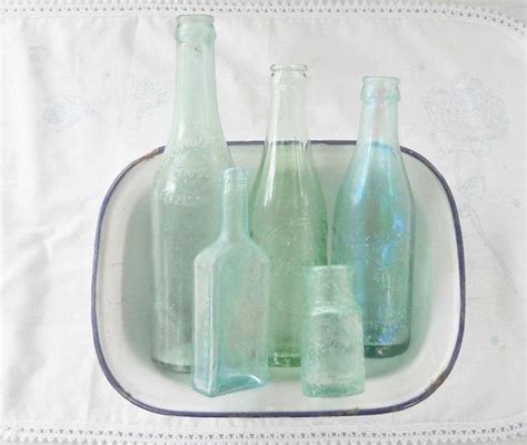 Vintage Handblown Sea Glass Blue Bottles Set By Rosebudsoriginals Blue Bottle Diffuser Bottle