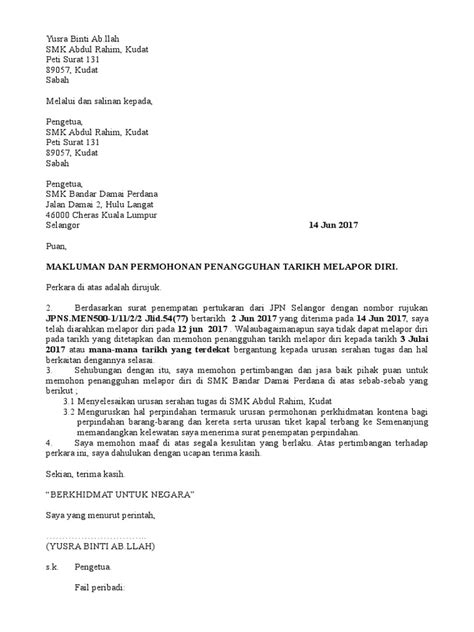 Berikut merupakan contoh dari surat niaga penangguhan pembayaran Surat Penangguhan Lapor Diri