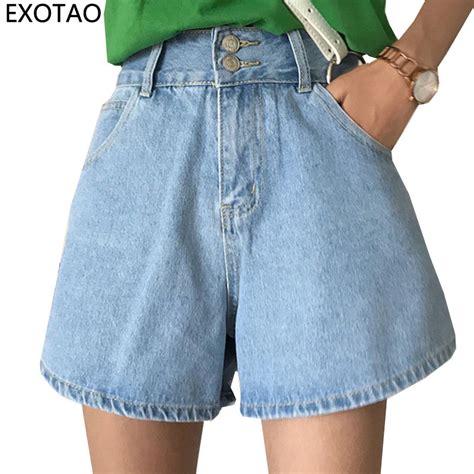 Exotao Wide Leg Jeans Shorts Women Two Buttons High Waist Denim Short