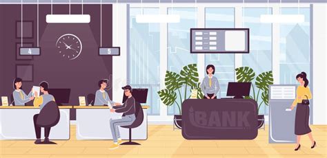 Cartoon Color Characters People And Bank Office Interior Inside Concept