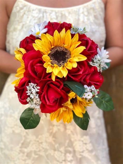 Sunflower And Roses Bouquet Rustic Wedding Fall Wedding Rustic Chic