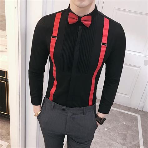 Bow Tie With Suspender Detail Men Long Sleeve Dress Shirt Mens Dress