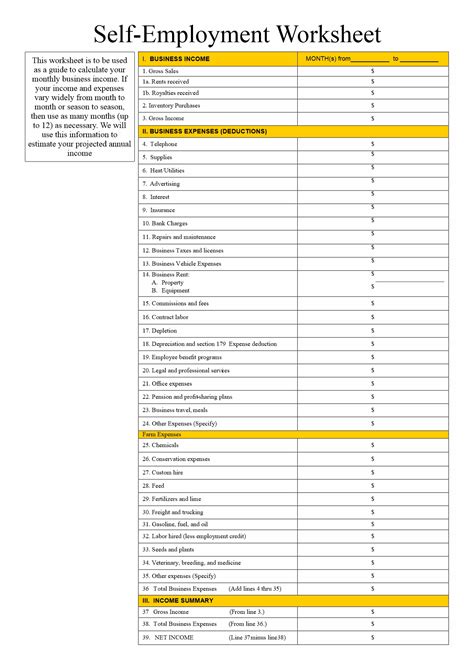 Self Employment Worksheets