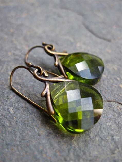 Olive Green Swarovski Crystal And Antique Brass Earrings Leaf