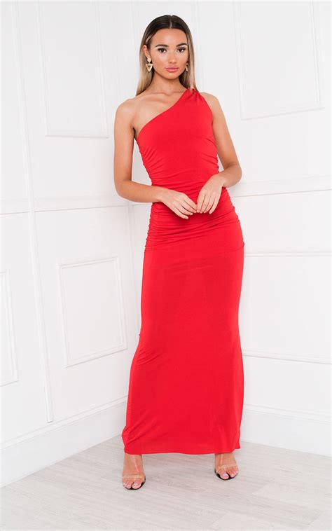 Naomi One Shoulder Bodycon Maxi Dress In Red Ikrush