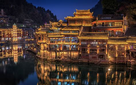 Wallpaper Hunan China Village Lights Night River 2560x1600 Hd