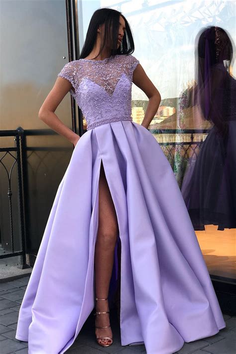 Light Purple A Line Satin Slit Cap Sleeves Prom Dresses With Pockets Oke52 Okdresses