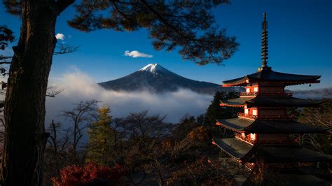 Fonds Decran 1366x768 Montagnes Pagodes Japon Mont Fuji Mount Fuji