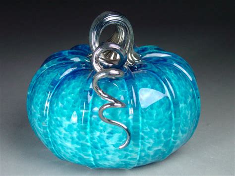 Hand Blown Glass Pumpkin Aquamarine Jewel Tone Hand Blown Glass