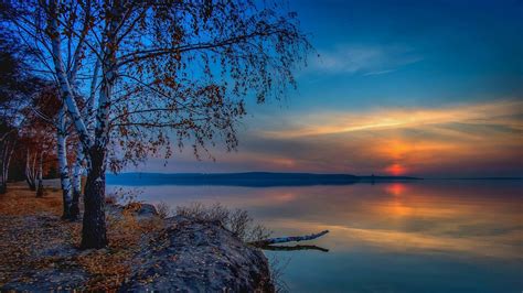 Landscape Nature Lake Sunset Fall Leaves Clouds Reflection Trees Birch Calm Russia