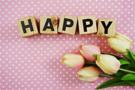 Happy Word Made From Wooden Cubes With Letters Alphabet Stock Image