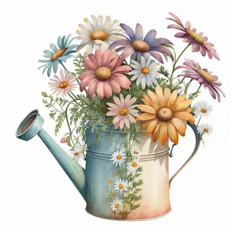 Watering Can With Beautiful Daisy Flowers Watercolor Isolated On White