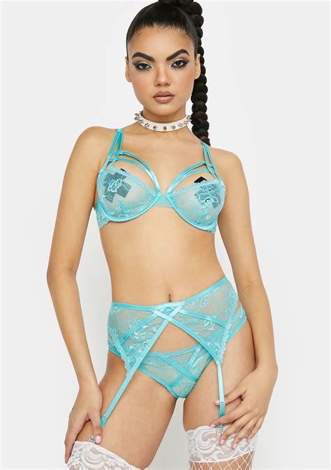 Mesh Lace Floral Strappy Garter Lingerie Set Turquoise Dolls Kill