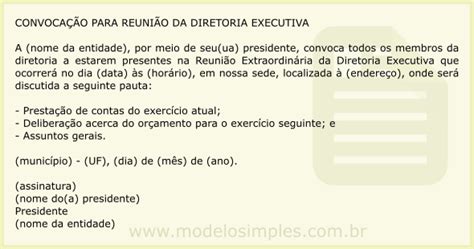 Convocar uma reunião de condomínio, normalmente, é uma obrigação do síndico. Modelo de Convocação para Reunião da Diretoria Executiva