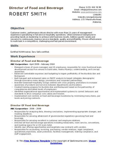 Introduce your skills and experience in a. Director Of Food And Beverage Resume Samples | QwikResume